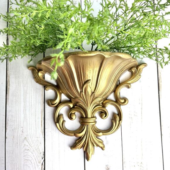 VTG 1962 HOMCO Gold Scroll Wall Pocket Planter Vase Fleurs de Lis Made In USA - Picture 9 of 12